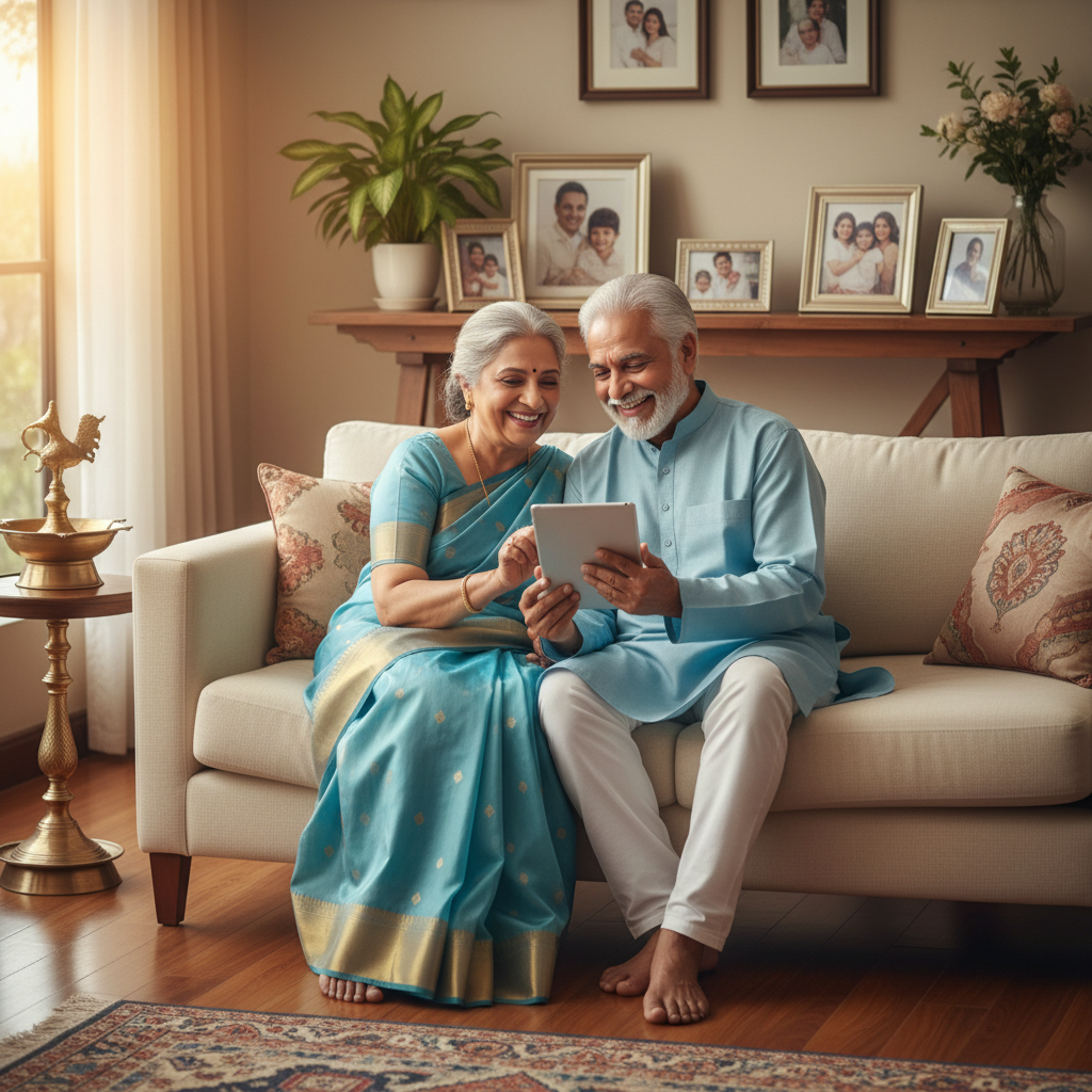 Happy Indian senior couple using tablet